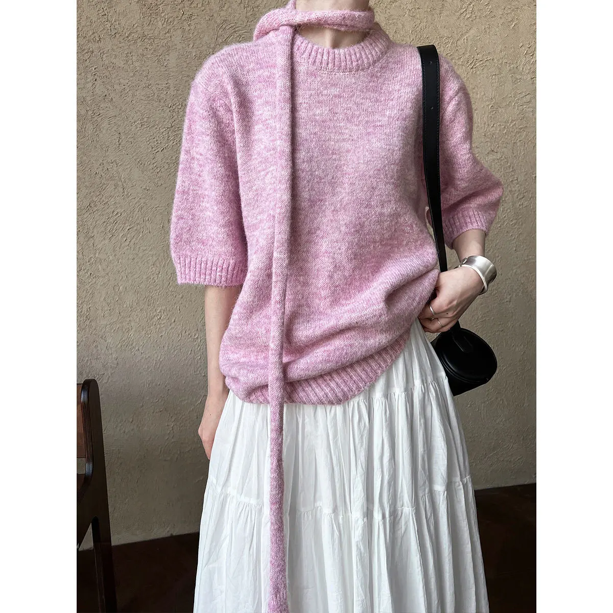 Pink Scarf Ribbon Knit Sweater For Women, 2024 Autumn Half Sleeve Sweater