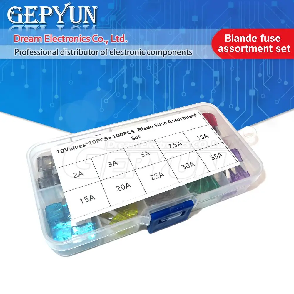 

100pcs/lot Mini Auto Fuse 10 Value Car Fuse Blade Kit Assortment with Box 2A 3A 5A 7.5A 10A 15A 20A 25A 30A 35A