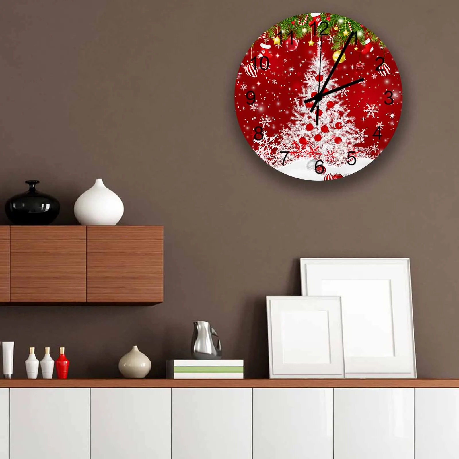 Christmas Tree Christmas Ball Snowflakes Wall Clock Large Modern Kitchen Dinning Round Wall Clocks Bedroom Silent Hanging Watc