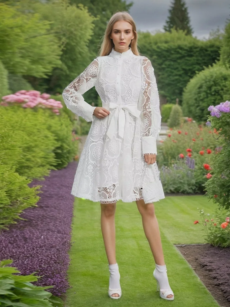 أنيقة الجوف خارج التطريز فستان الدانتيل الخريف ملابس النساء طويلة الأكمام ألف خط فساتين حفلة موسيقية فستان الحفلات نادي رداء فام