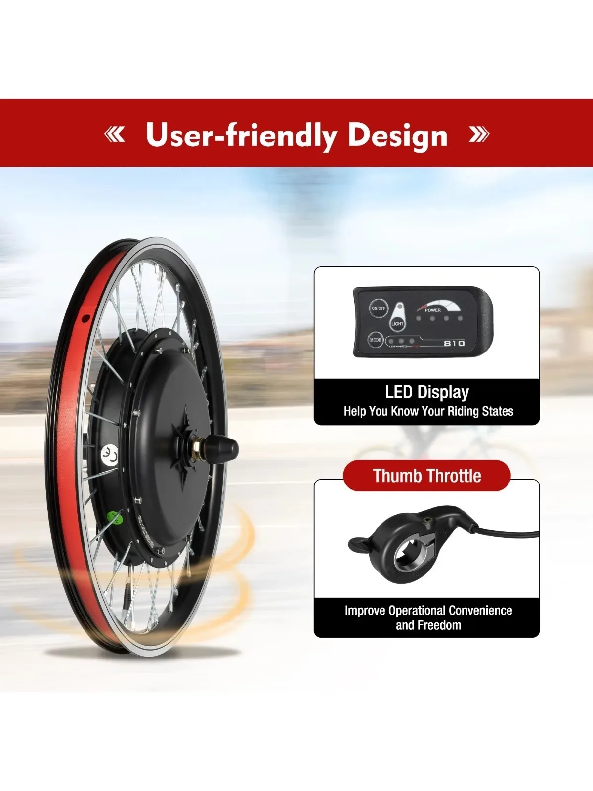 

20" Front Wheel Hub Electric Bike Conversion Kit 48V 1000W with SW-810LED Display Waterproof Wire Hub Assembly Motor Kit