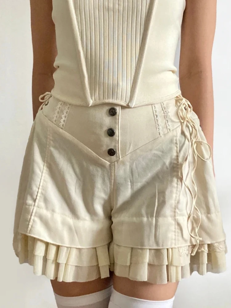 

Vintage Shorts Sweet Mesh Tiered Ruffle Shorts Khaki Wide Bandage Cute Hot Pants Lolita Style Soft Girls Y2K French Retro Summer