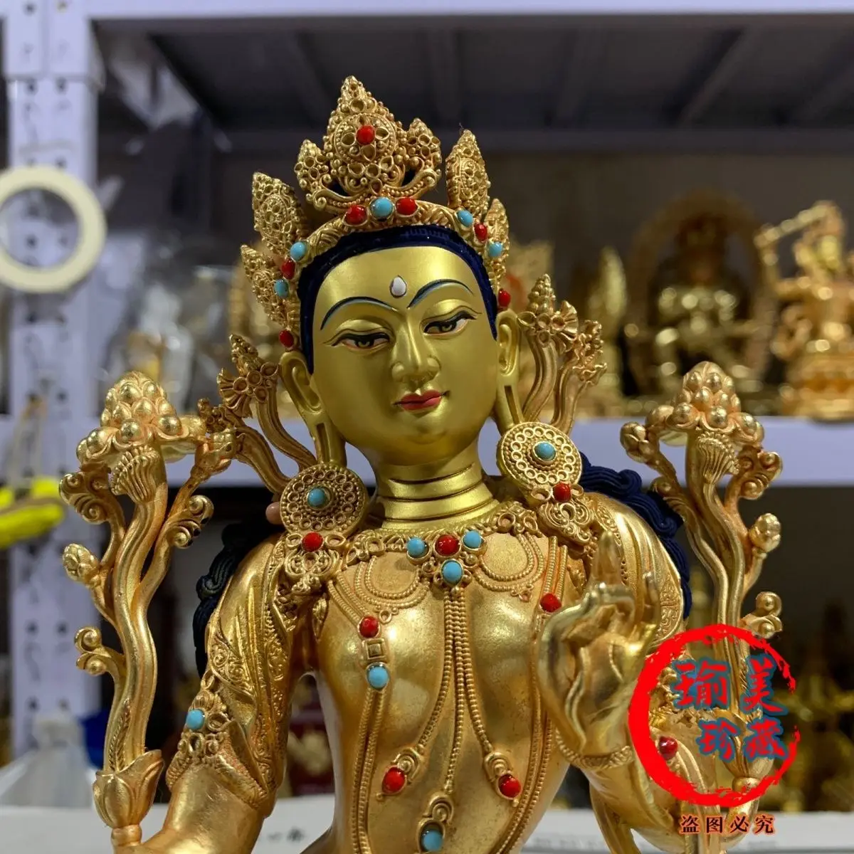 Seiko green Tara pure copper gilt Buddha statue Tibetan inlaid with gemstones Zapai boutique seven-inch Buddha ornament height 2