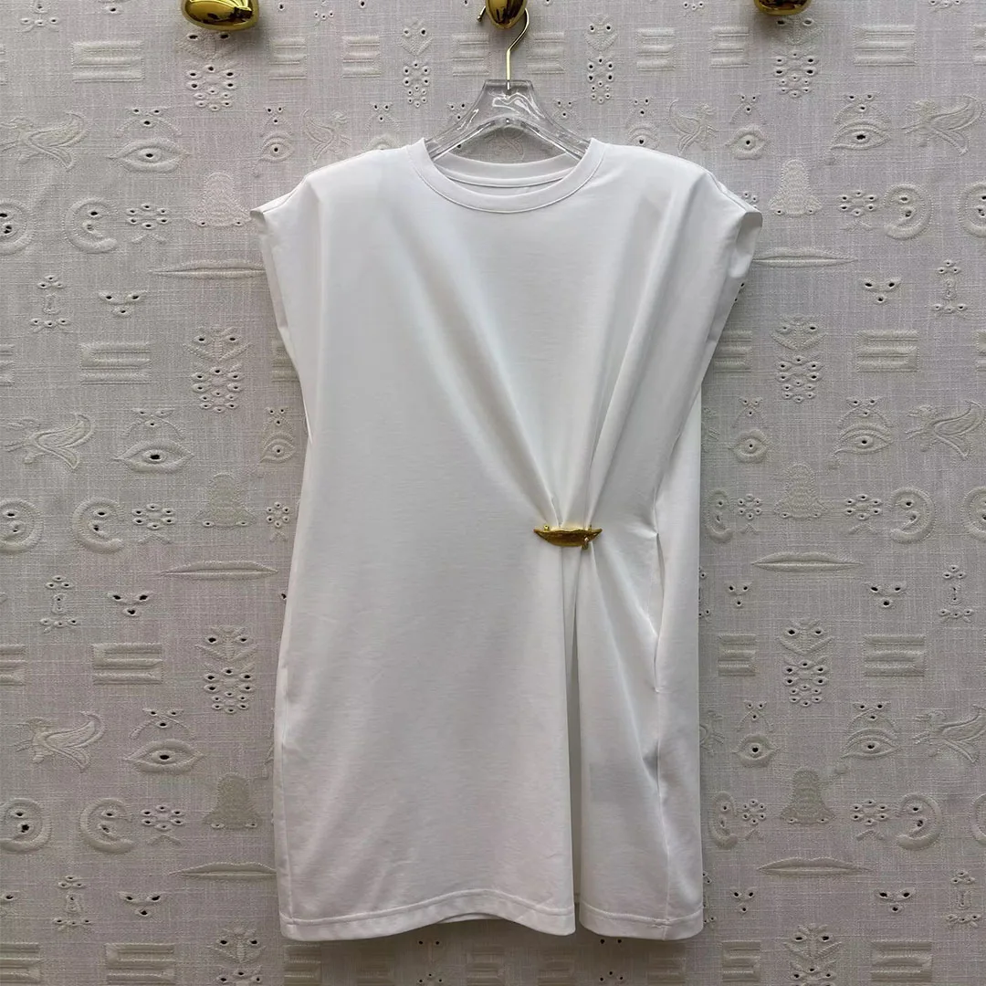 

2026 New Summer Fashion Hot Mini Tank Dress Women O-neck Sleeveless Solid Color Gold Lip Pin Knot Chic Trendy Dresses