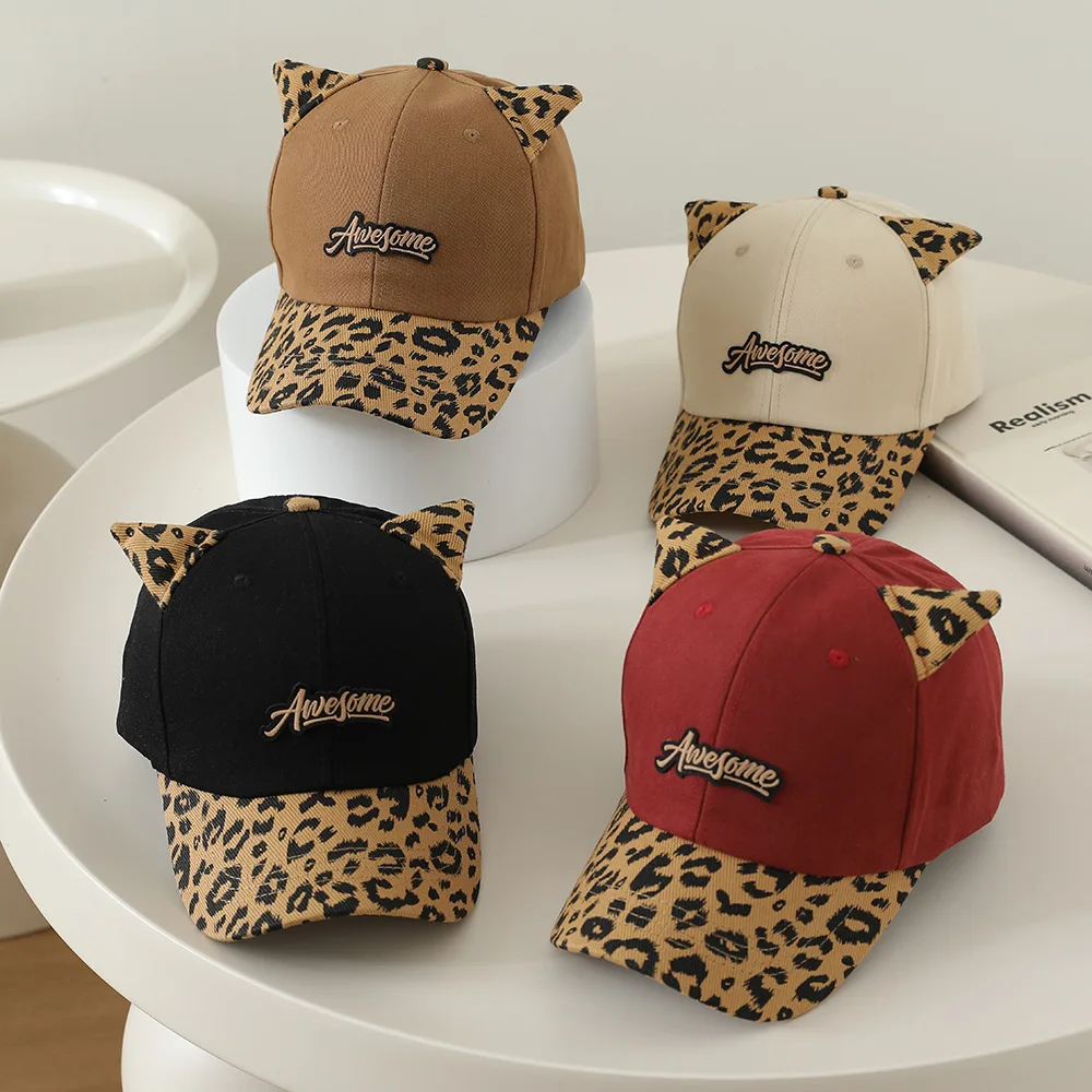 3-6Y Autumn Korean Kids Hat Cute Cat Ears Leopard Print Baseball Cap for Boys Girls Casual Children Sun Hat