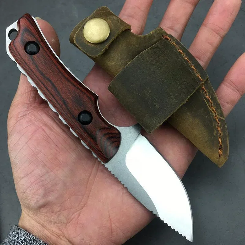 BM 15017 Fixed Blade Knife Drop Point Wood Handle with Leather Sheath EDC Outdoor Camping Portable Multitool Hand EDC Knives