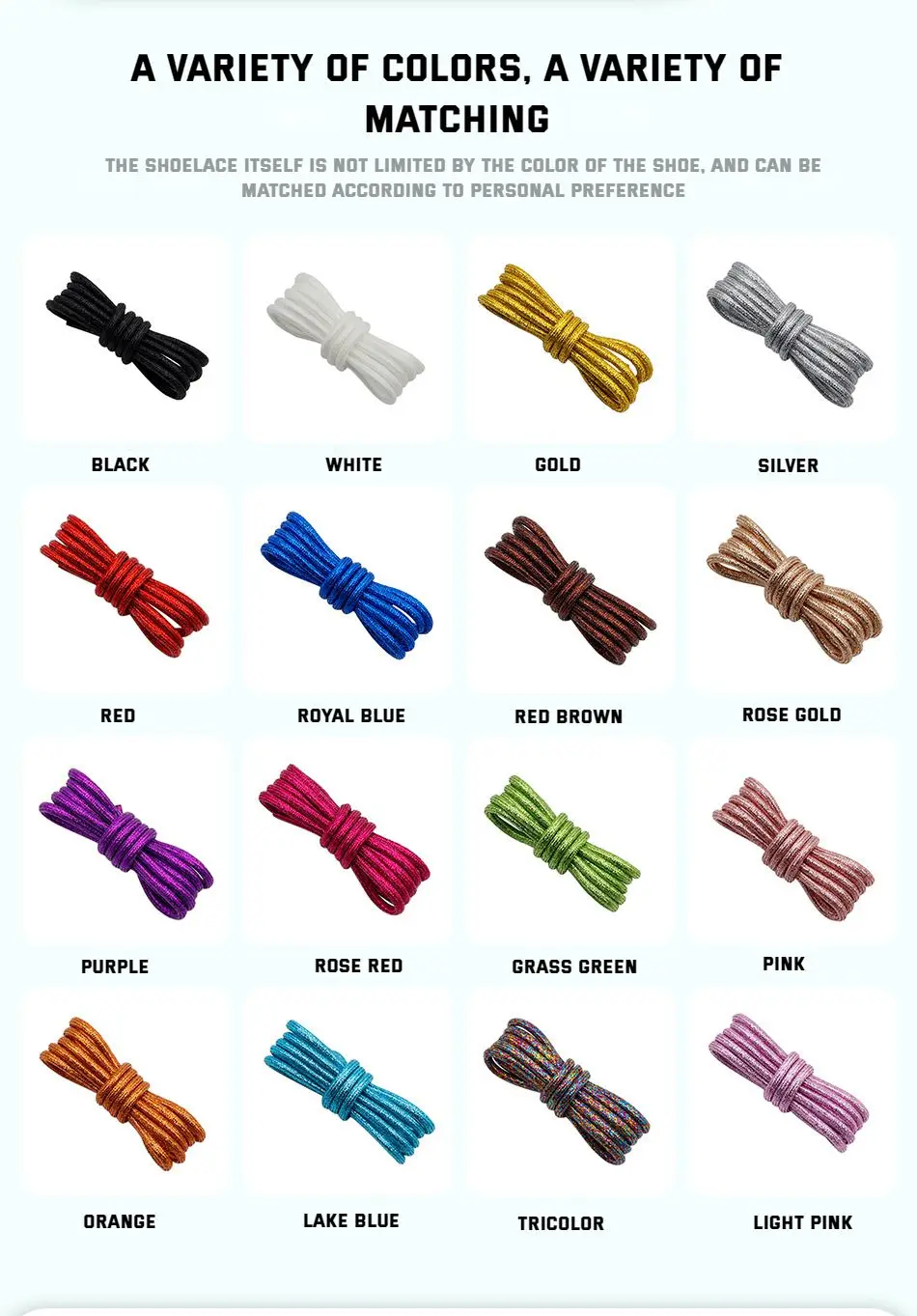 Neue runde, glänzende, metallische Glitzer-Schnürsenkel in Gold, Silber, Seide, Sport, Canvas, lässig, bunt, Regenbogen-Farbverlauf – Detail 1