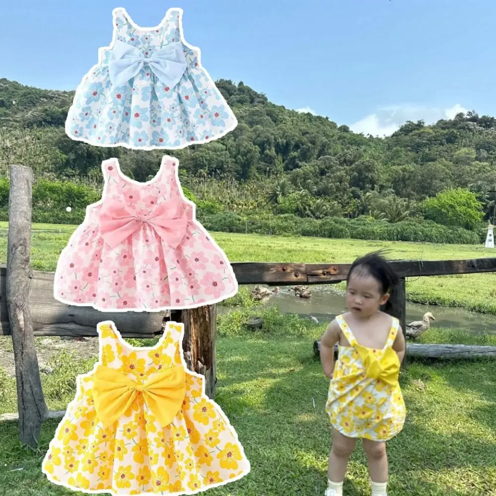 أزياء Bowknot طفلة فستان الأميرة القطن الصيف فستان زهري مع قبعة فضفاضة بلا أكمام الاطفال زهرة فستان عطلة الشاطئ