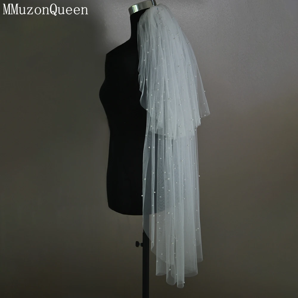 

MMQ M08 2 Tiers Pearls Veil With Blusher Comb Soft Tulle White Short Beaded Bridal Wedding Veil wedding accessories