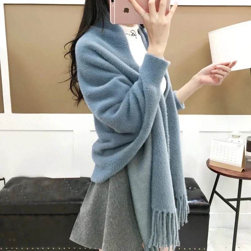 Kint Sweater Imitation Water Velvet Sweater Female Cloak Shawl Autumn And Winter Solid Color Jacket Knit Loose Outer Cloak