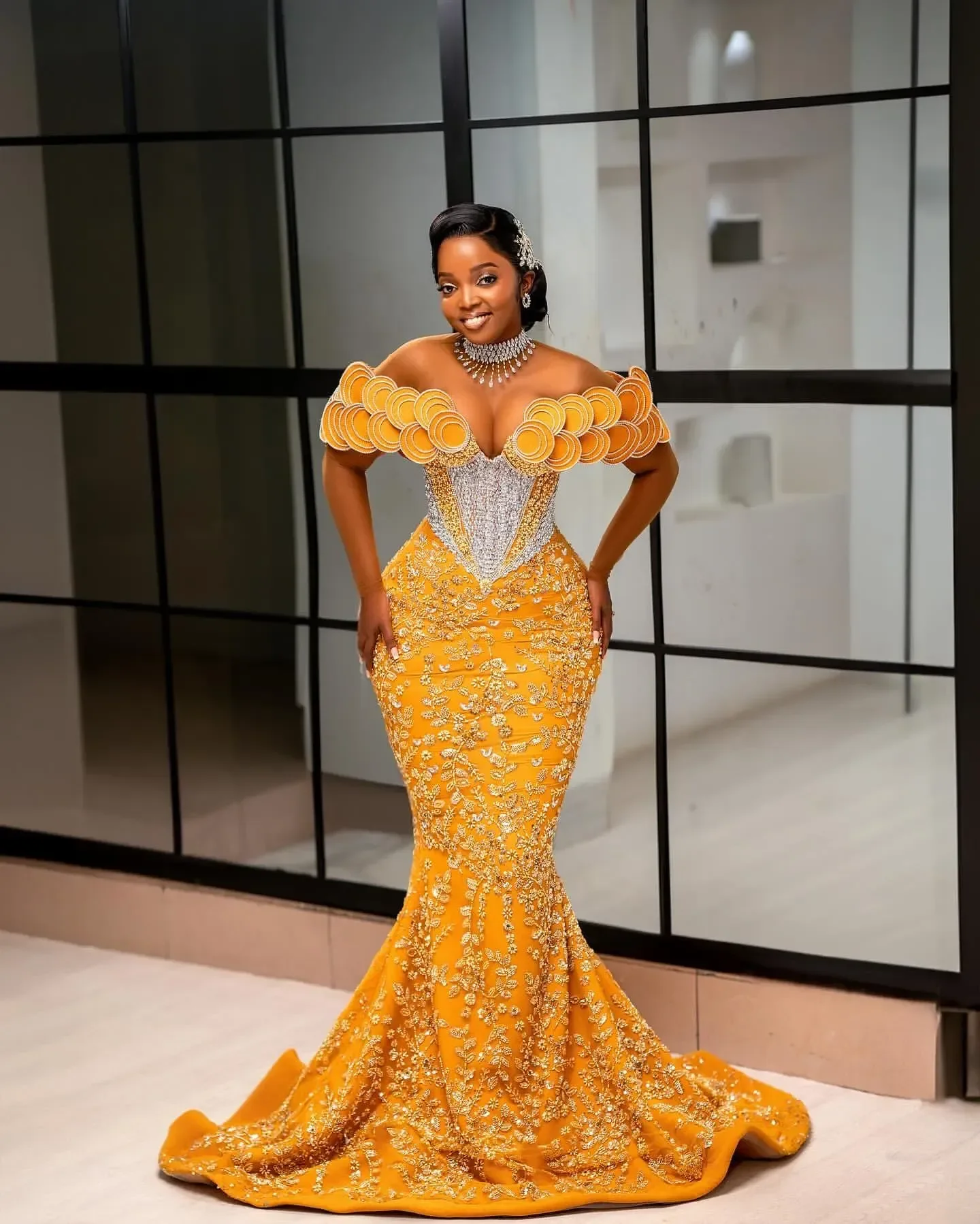 

African Aso Ebi Yellow Mermaid Prom Dress Lace Dresses For Special Occasions Rhinestones Florals Evening Formal Party Birthday S