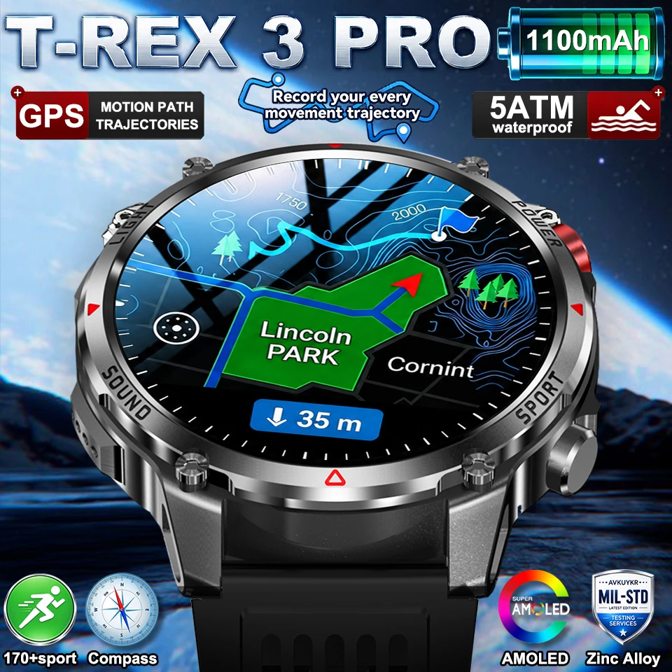 2026 Neue Militär-Smartwatch T-Rex 3 Pro mit 1100mAh Akku für Herren, 5ATM wasserdicht, Schwimmfunktion, GPS-Pfadverfolgung, 1,7" AMOLED HD, Anruf-Funktion, Sport-Smartwatch