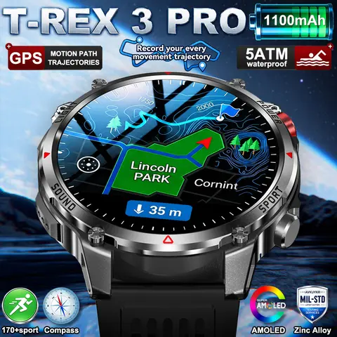 2026 New Military T-Rex 3 Pro 1100mAh Battery Smart Watch Men 5ATM Waterproof Swim GPS Path 1.7"AMOLED HD Call Sports Smartwatch