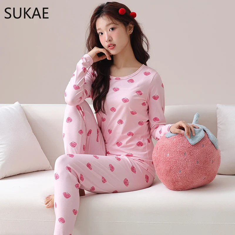 SUKAE Young Lady Sleepwear Slim Underwear Girl Autumn Spring Kawaii Faux Cotton Cartoon Pajamas Set Women Long Sleeves Nightwear