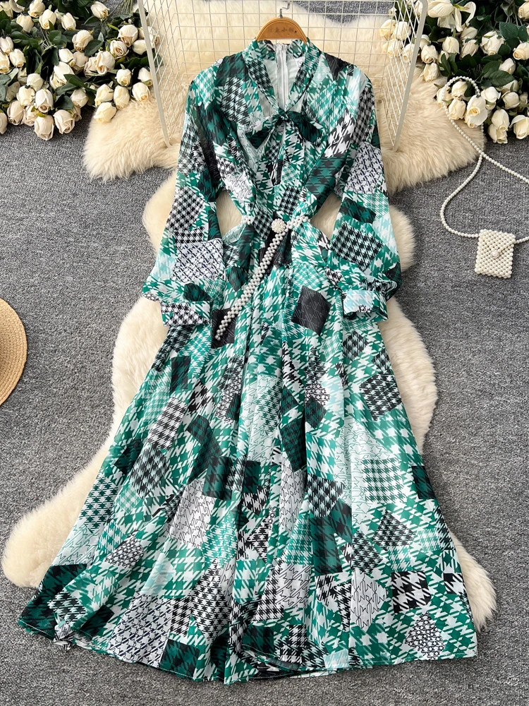 

Женское платье во французском стиле в стиле пэчворк с бантом и жемчугом, пояс с длинными рукавами, облегающее трапециевидное платье, большие качели, повязки макси, длинные платья, женские DS283