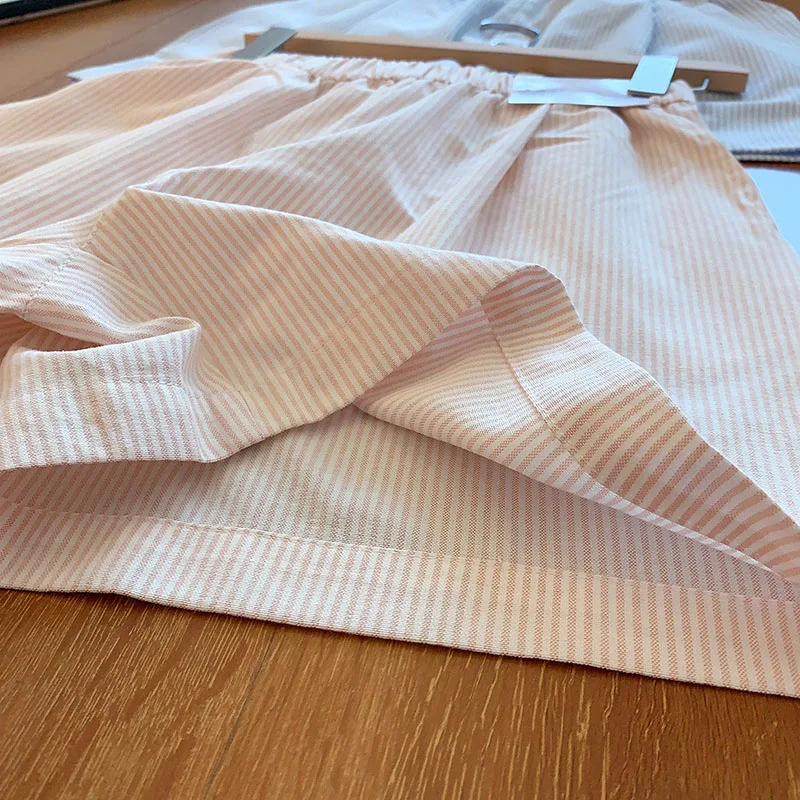 Classic Cotton Casual Shorts For Women 2025 Summer New Style Elastic Waist Loose Fit Wide Stripe A-line Wide-leg Pants