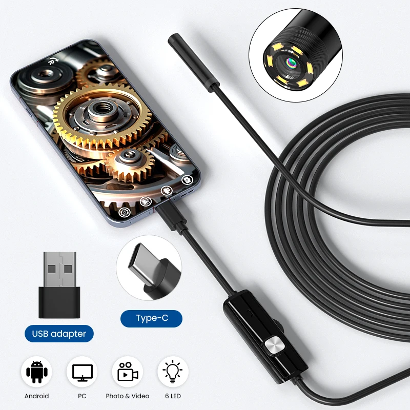 TYPE-C Android Endoscope Camera USB-C Video Car Pipe Inspection Borescope Waterproof with 6LEDs for Android Phones PC