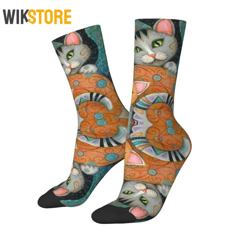 Oil Painting Cat Men Women Male Hip Hop Happy Crew Socks Unisex Fun Gustav Klimt Dress Socks Non-Slip Running Sport Socks