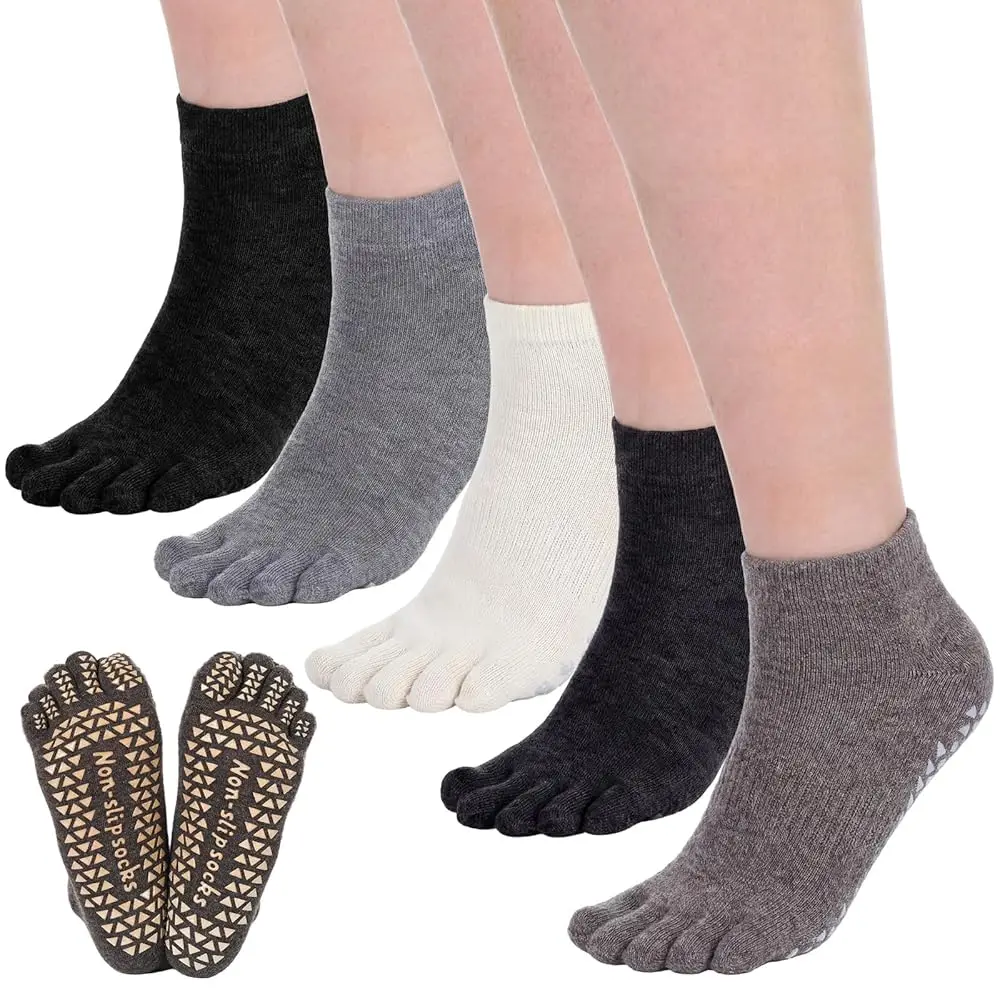 

5 Pairs Merino Wool Five Toe Grip Socks for Women Men Winter Cotton Thermal Warm Toe Sock for Hiking Athletic Running