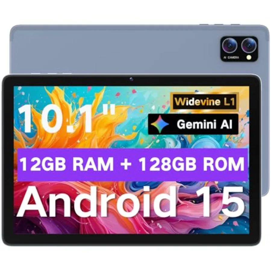 Gaming reading learning tablet: 10.1-inch HD touchscreen Android 15 12GB RAM/128GB storage 2TB expandable octa-core Gemini AI 8