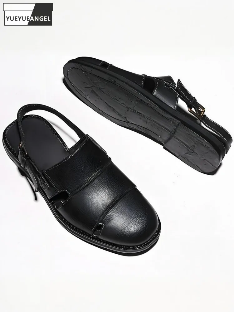 

Men Close Toe Genuine Leather Hollow Out Breathable Sandals Retro Style Cowhide Round Toes Buckle Strap Solid Color Gladiator