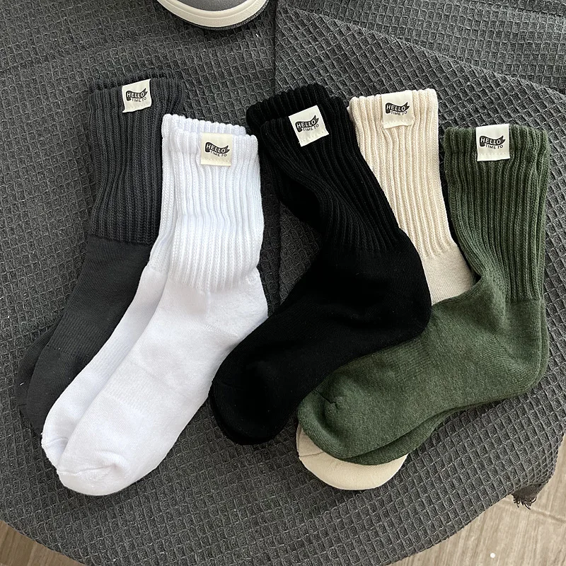 Men 73g Thick Solid Color Black White Green Socks Autumn Winter Warm Sports Mid-tube Men's Cotton Sock Cloth Label INS Stockings