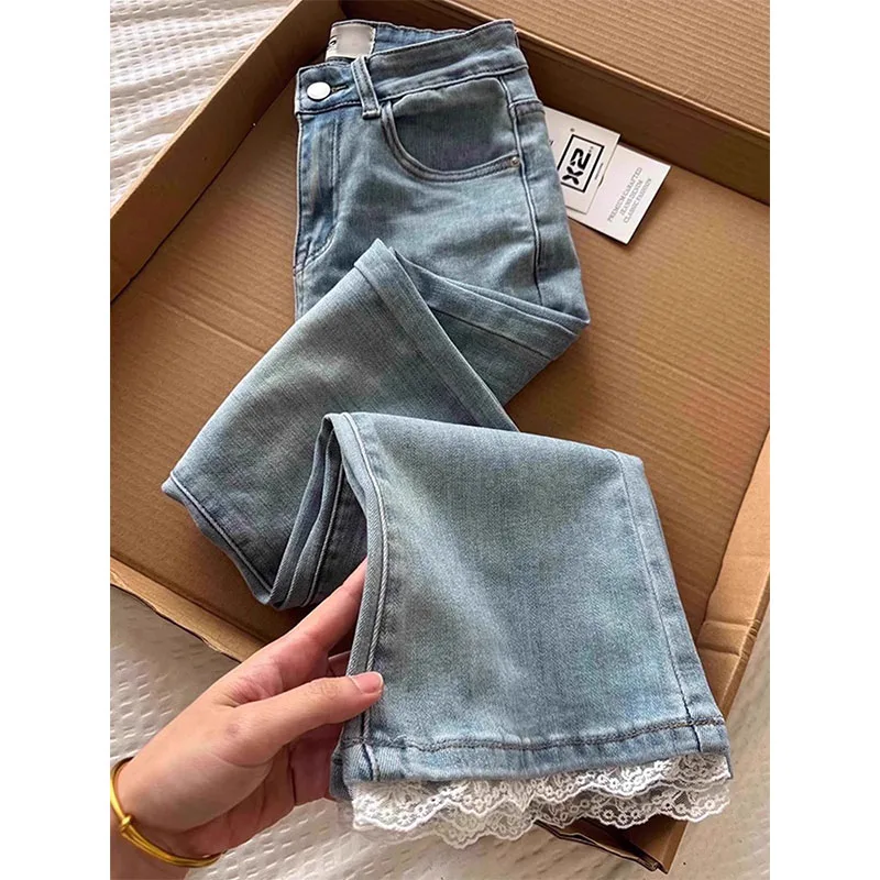 

Spring 2026 High Waist Bell Bottom Jeans Women's Lace Trim Micro Flared Denim Pants Slimming Short Nine Patchwork Flared Jeans