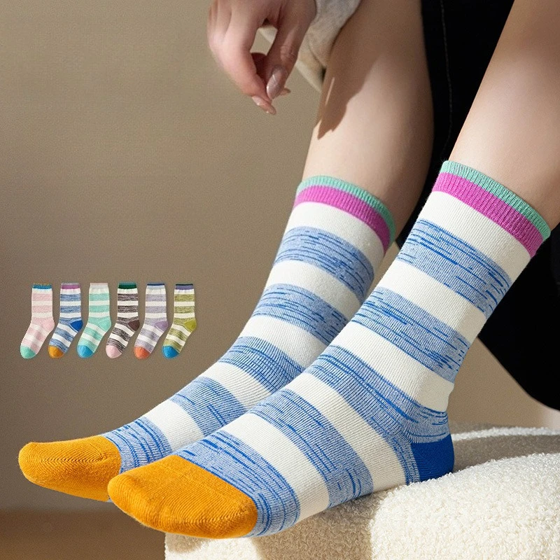 

6 пар хлопковых женских полосатых дышащих осенне-зимних школьных носков, комплект теплых носков с принтом, забавные носки для женщин, оптовая продажа 2026