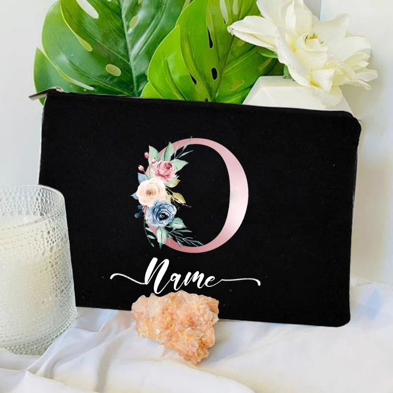 Bolsa de maquillaje con flores degradadas con letras, bolsa de lavado de lona con nombre personalizado para mujer, lápiz labial, bolsa de almacenamiento de viaje, billetera de regalo de vacaciones