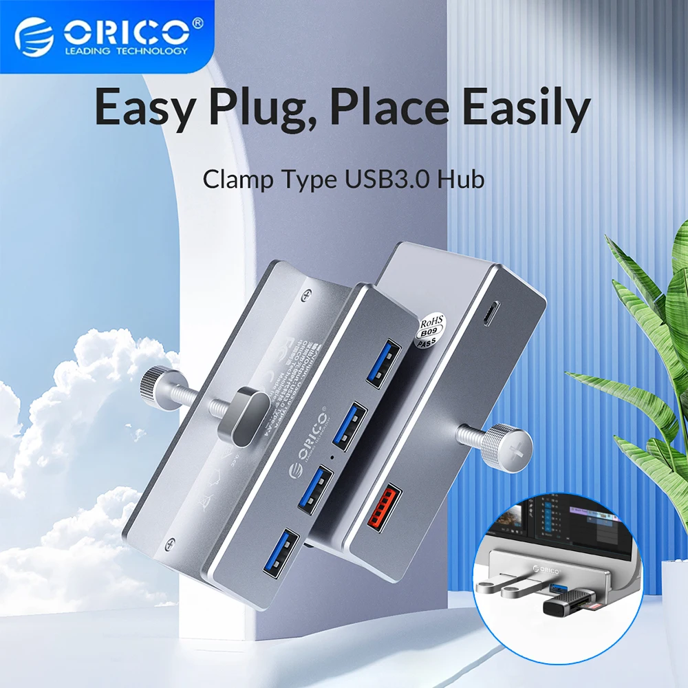 ORICO USB Hub Aluminum External Multi 4 Ports USB Splitter Adapter Clip-type USB 3.0 HUB for Desktop Laptop Computer Accessories