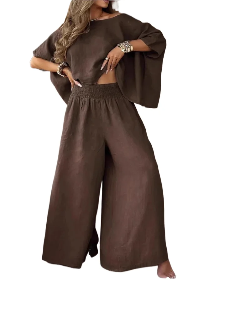 

2025 Women Autumn Two Piece Set Loose Top High Waist Wide Leg Outfits Female Trendy Casual Elegant Ladies Solid Color Pants Sets