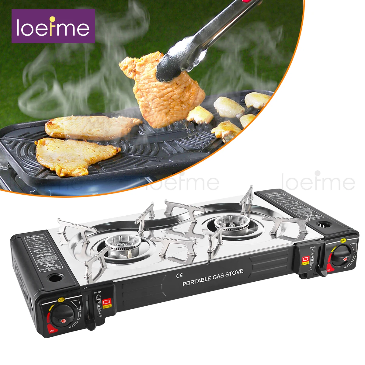 LOEFME Gas Camping Stove Portable Double Burner, Butane Outdoor BBQ Cooker for Hiking, Travel, and Picnics