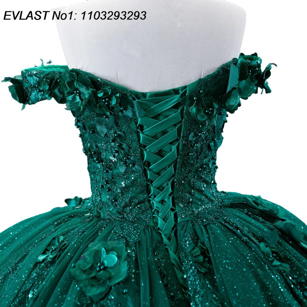 EVLAST Personalizzato Verde Lucido Abito di Sfera Abito Quinceanera Glitter Floreale Applique Che Borda Dolce 16 Abiti Da 15 Anos E1QN17