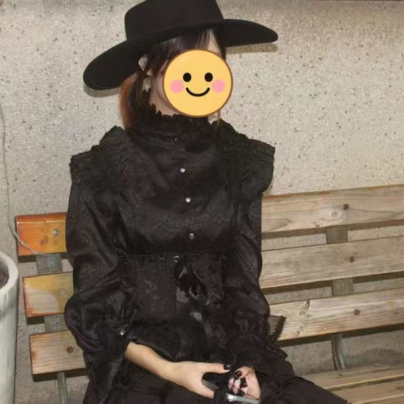 Victorian Vintage Gothic Y2k Aesthetic Cute Slim Punk Tops Blusas Lolita Style Shirts Women Elegant Ruffles Long Sleeves Blouses