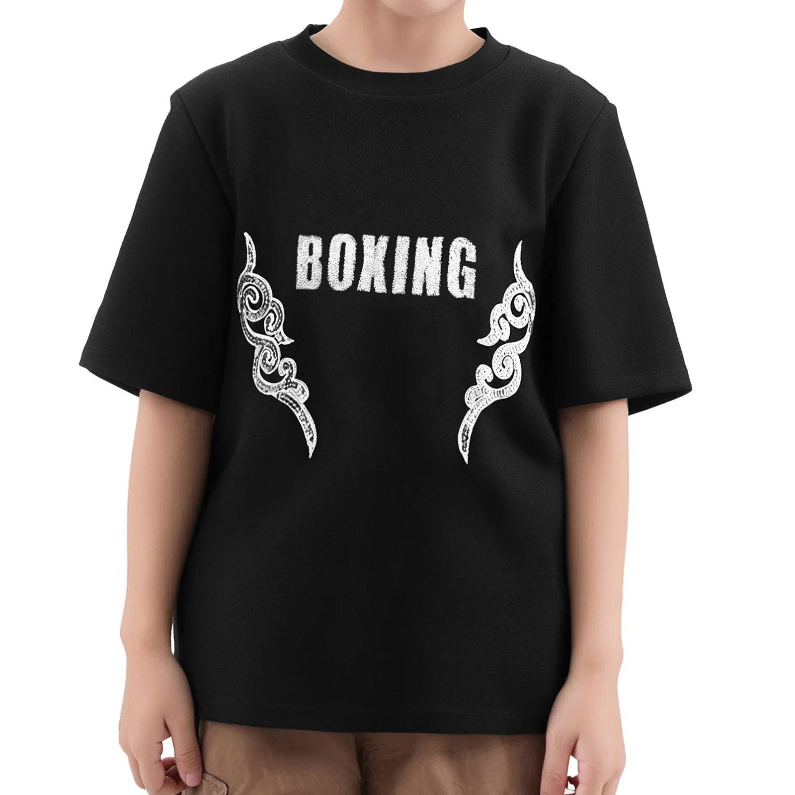 Kids Boy Boxing Outfit Muay Thai Kungfu Wushu Clothing Crew Neck T-shirt+Shorts Robe+Belt Set Children Halloween Cosplay Costume