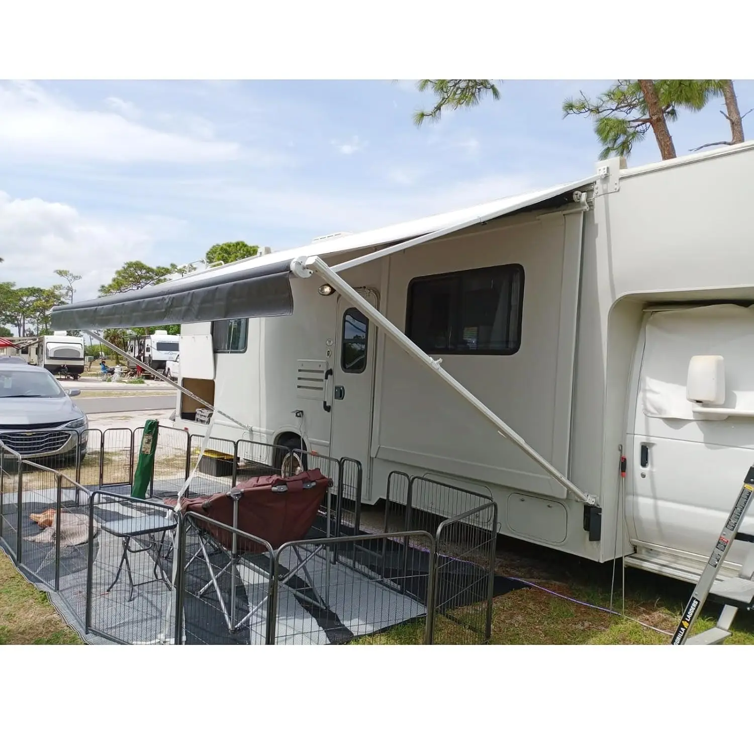 

16ft Retractable RV Awning Complete Kit Manual Frame Outdoor Trailer Camper UV Shade White Black Fade, Custom