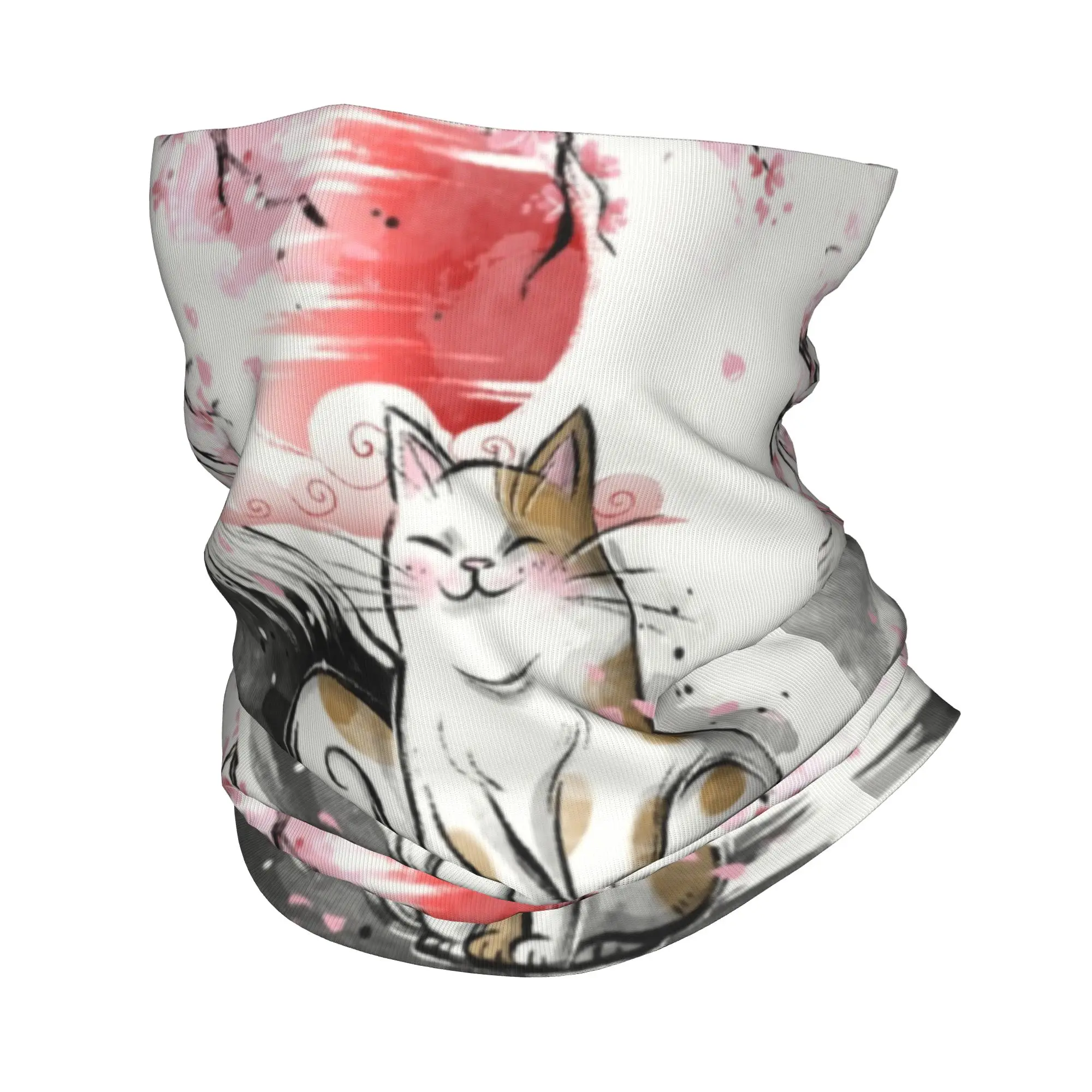 Custom Japanese Sakura Cute Cat Neck Gaiter Men Women Windproof Winter Floral Flower Bandana Scarf for Cycling