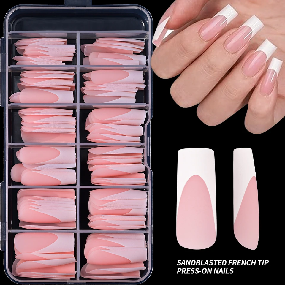 120 Piezas/Caja Uñas Postizas Mate Rosa Nude Francesas 12 Tallas Cuadradas Extra Largas Cobertura Completa Gel Suave para Extensión 3