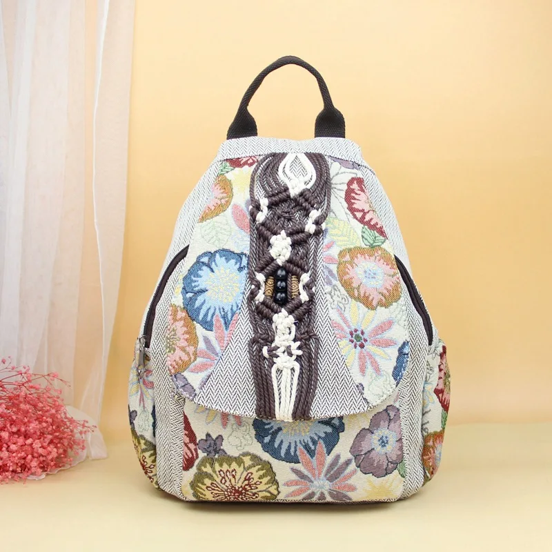 Bohemian Cotton Linen Backpack Hand Woven Tassel Ornament Floral Print Large Capacity Artistic Rucksack For Outdoor Trip