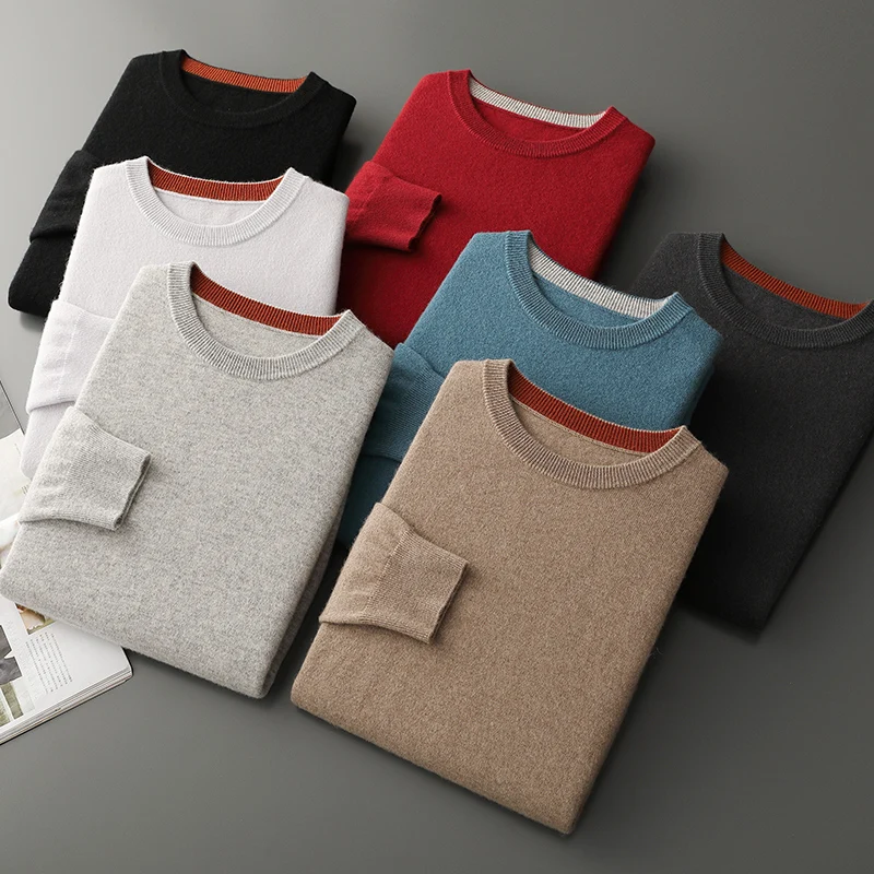 

100%Pure Cashmere Men's Clothing Color Blocked Round Neck Business Casual 14 Needle Knitted Sweater Autumn and Winter Basic Tops