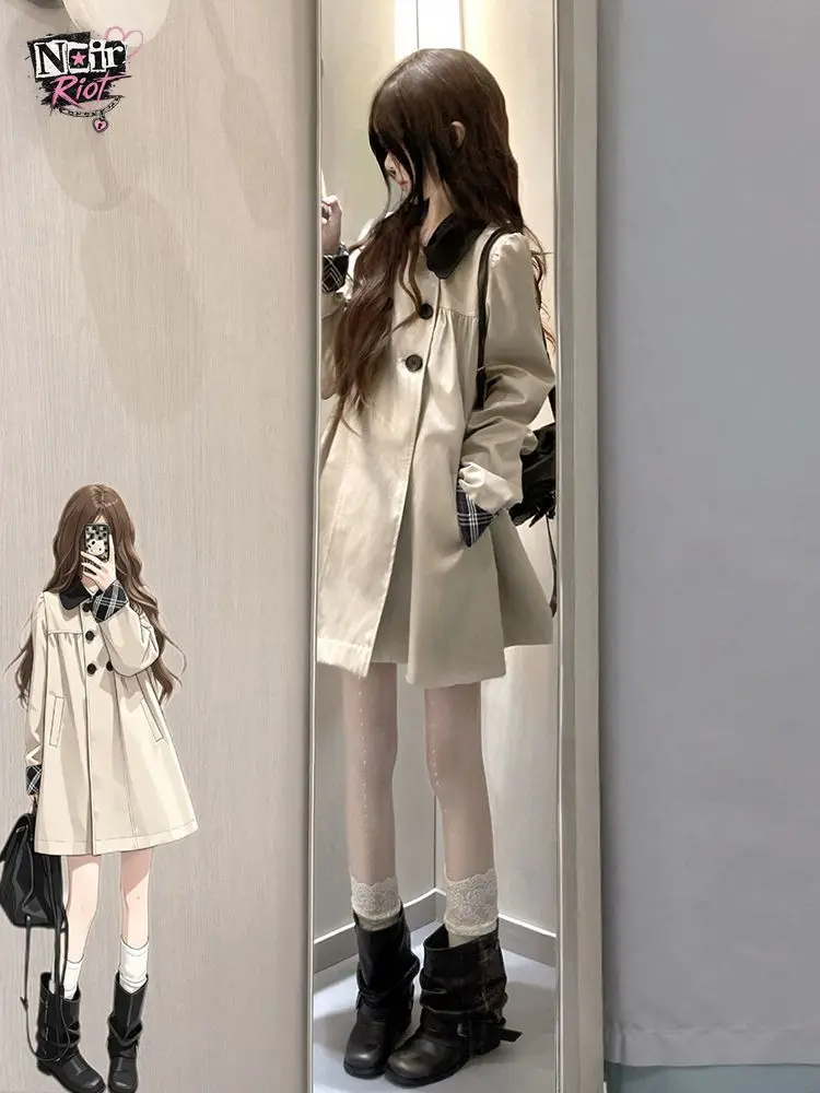 Japanese Vintage Preppy Trench Coat Women Double Breasted Peter Pan Collar Plaid Cuff Loose Fit Mid Length Casual Campus Outfit