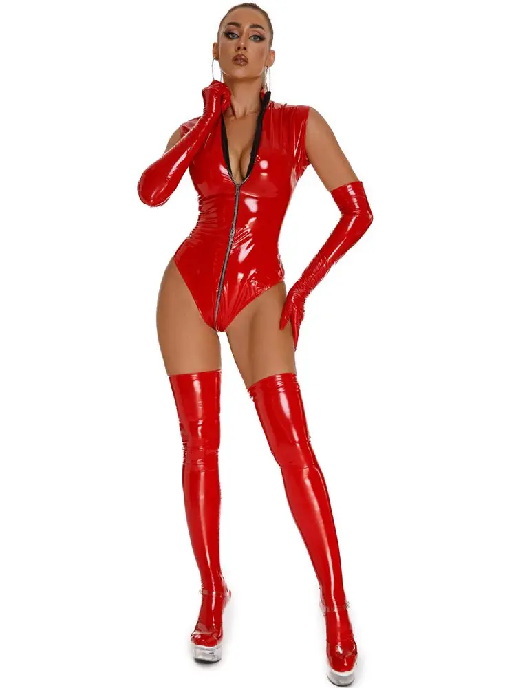 Áo Cổ Cao Ướt Nhìn PVC Catsuit Sáng Bóng Da PU 3 Dây Kéo Mở Đáy Quần Bodysuit Thun Hóa Cơ Thể Top Gợi Cảm clubwear
