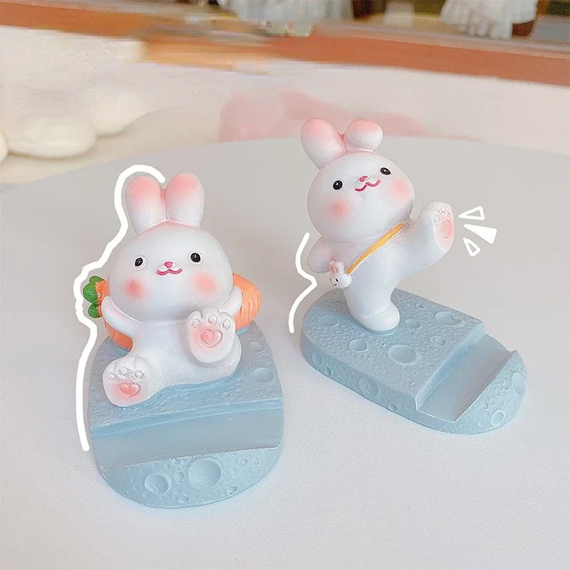 1PC Cute Resin Rabbit Phone Holder Universal Mobile Phone Stand Holder Bracket Ornaments Toys Home Office Desktop Decoration