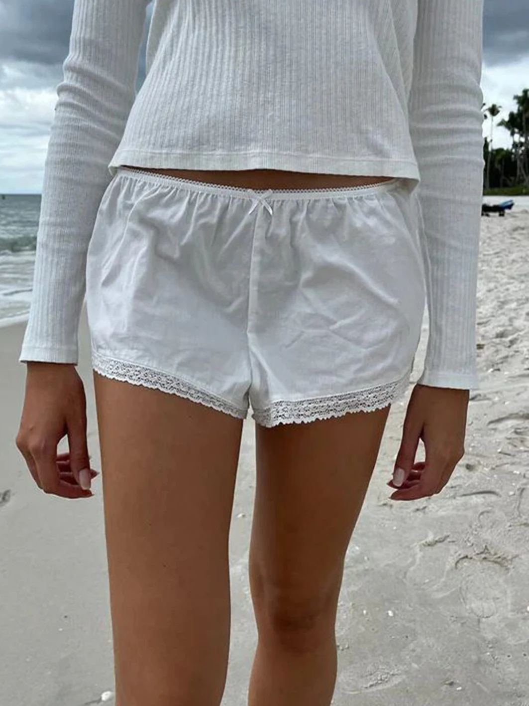 

Sweet Lace Trim Box Shorts Women Summer Bow Elastic Waist Casual Y2k Short Pant Cotton Cute Pants White Simple Home Underwear