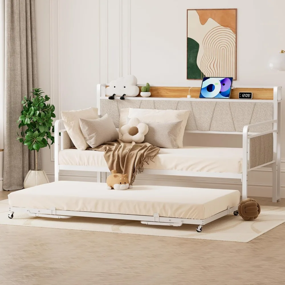 Twin Daybed with Trundle, Modern Twin Size Sofa Day Bed, Sturdy Metal Bed Frame with Upholstered Headboard for Living Room, Bedr