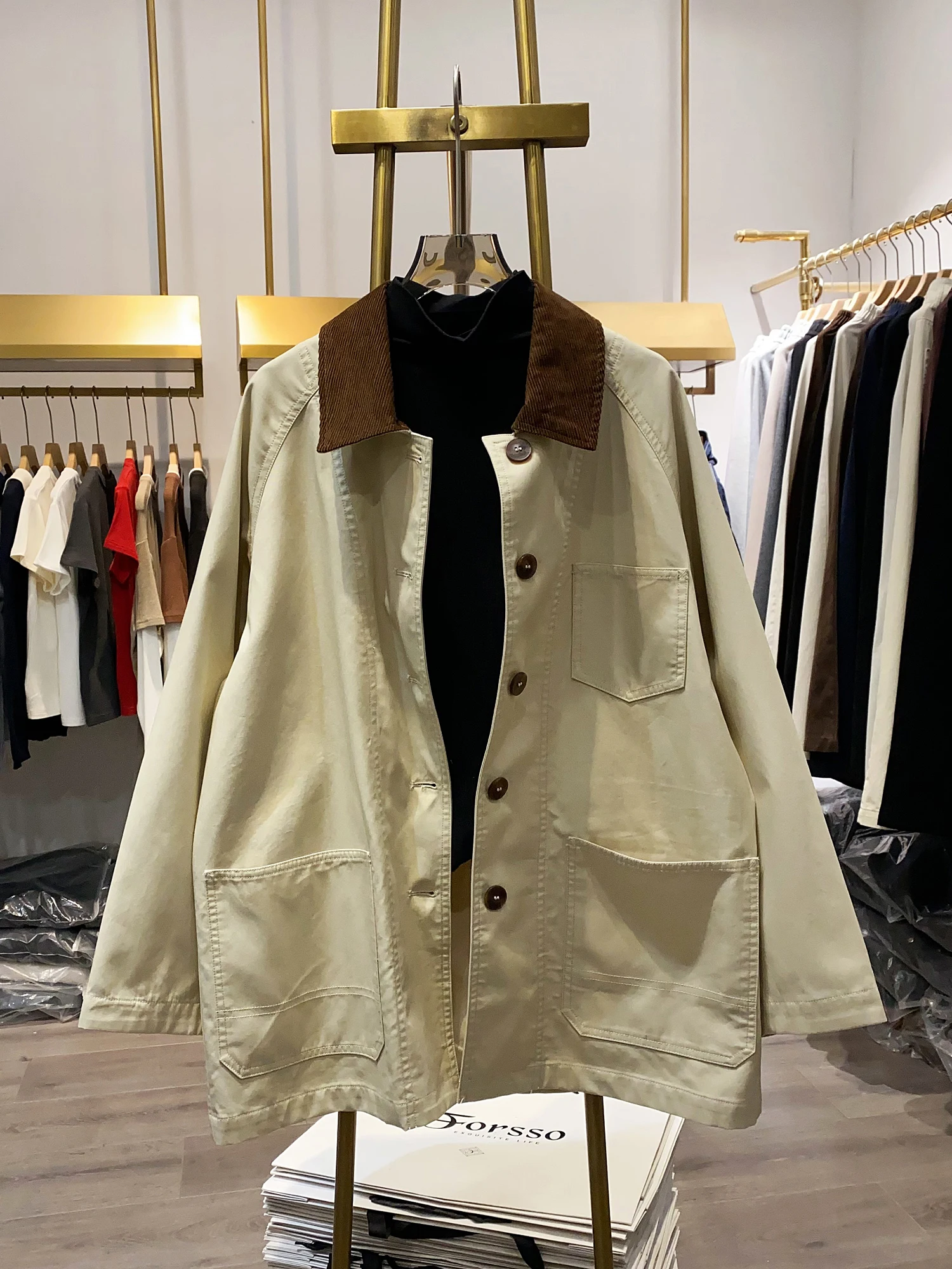 

Loose Fit Color Blo Collar Windbreaker Jaet Autumn New Sle Versatile Workwear Sle Mid-Length Single Button Closure