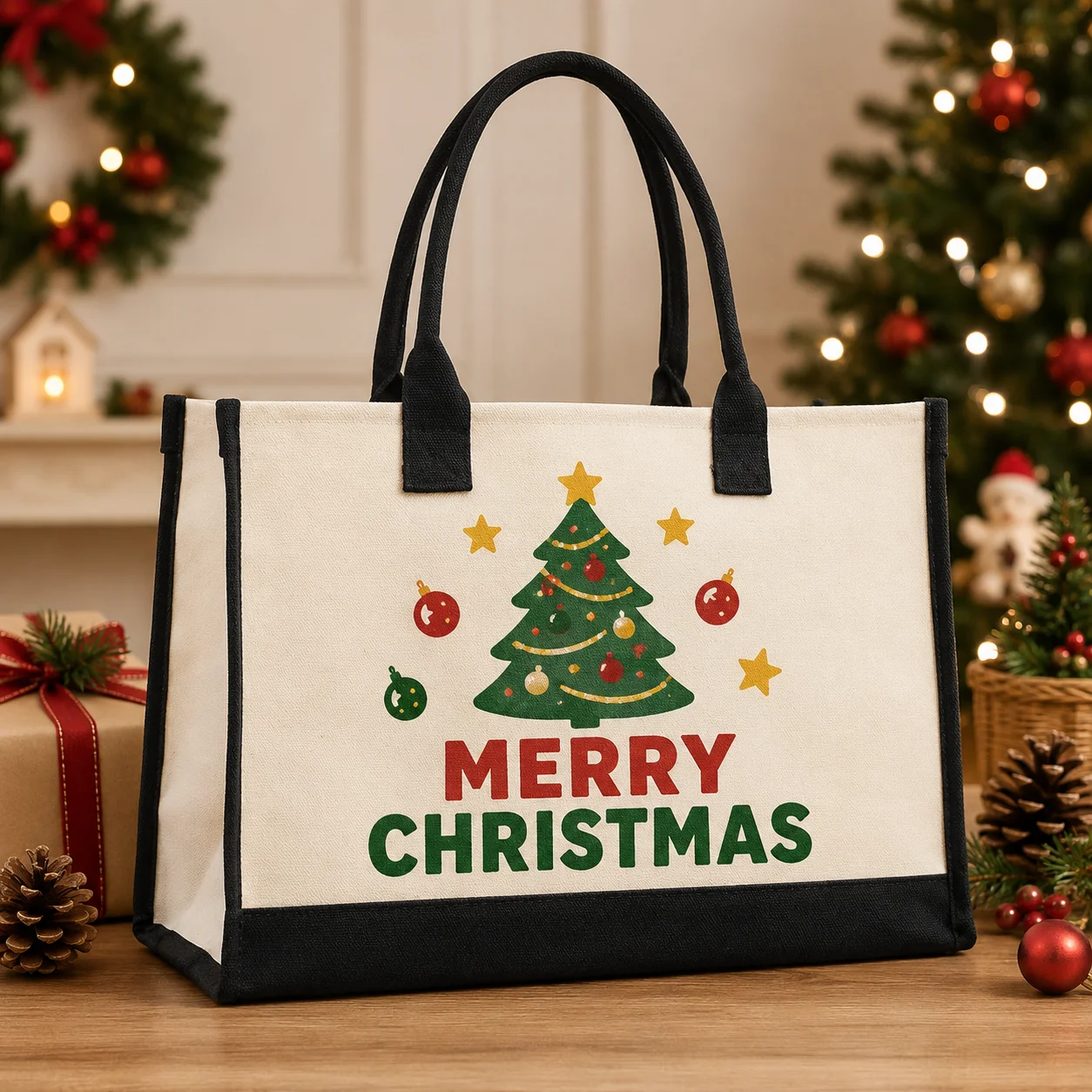 Christmas Canvas Tote Bag Christmas Holiday Tree Custom Name Logo Text Large Shopping Gift Handbag For Women Family Party Gifts