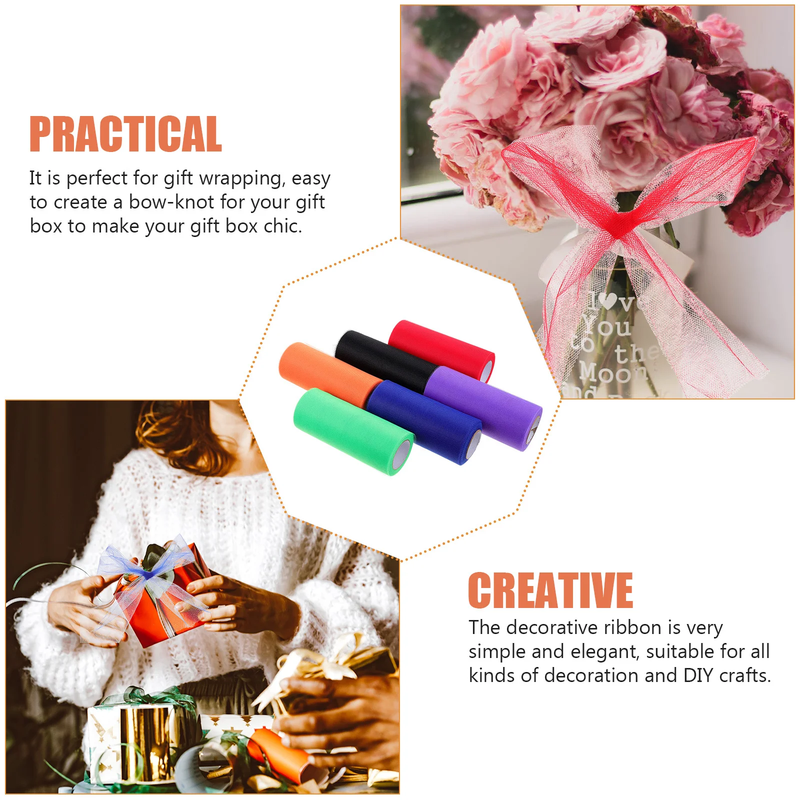 

6 Rolls Decorative Mesh Tulle Ribbon Colored Tulle Fabric Gauze Roll Wedding Party DIY Craft Novelty Gauze Roll