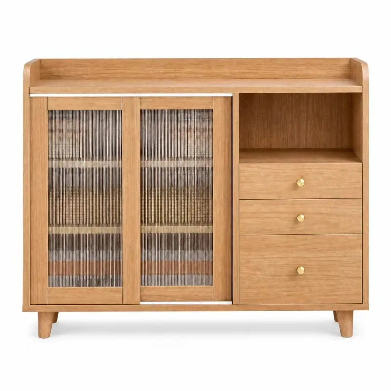 Wholesale Japanese Oak Finish Sideboard Cabinet with Fluted Acrylic Sliding Doors Three Drawers for Dining Room