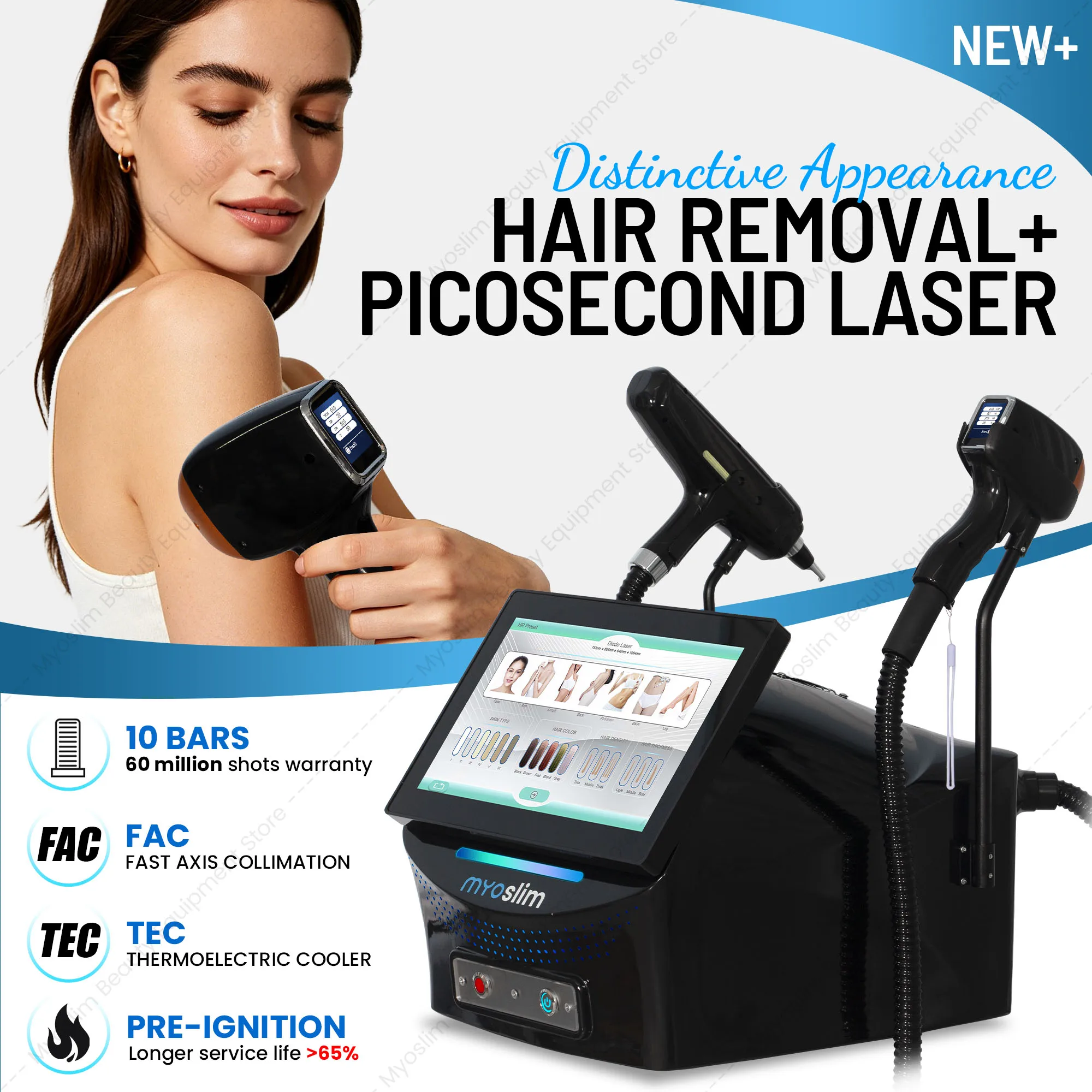 2 in 1 Diode Laser Hair Removal Picosecond Laser Machine 6 Wavelengths Painless Ice Cooling Tattoo Removal Skin Rejuvenation